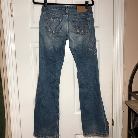 Hollister Y2K Low Rise Distressed Embroidered Beaded Medium wash Flare Jeans - Picture 6 of 9